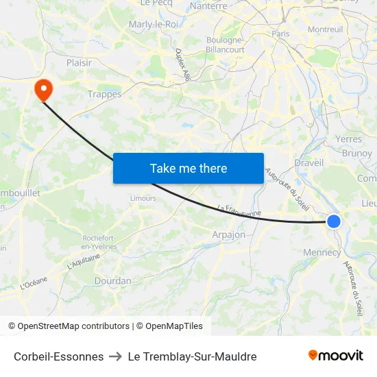 Corbeil-Essonnes to Le Tremblay-Sur-Mauldre map