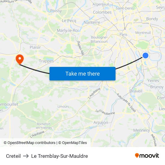 Creteil to Le Tremblay-Sur-Mauldre map