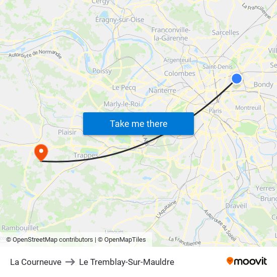 La Courneuve to Le Tremblay-Sur-Mauldre map