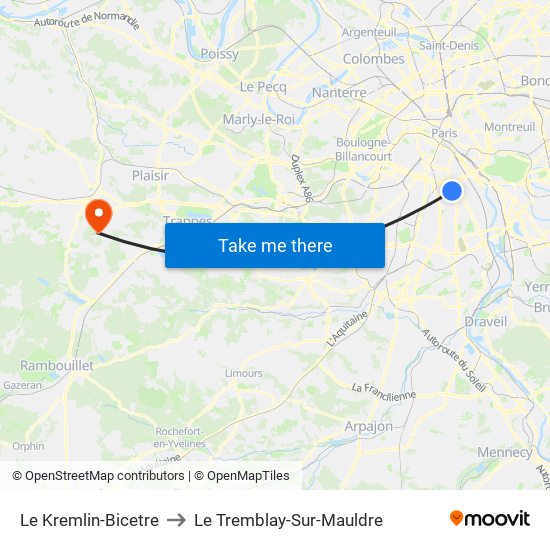 Le Kremlin-Bicetre to Le Tremblay-Sur-Mauldre map