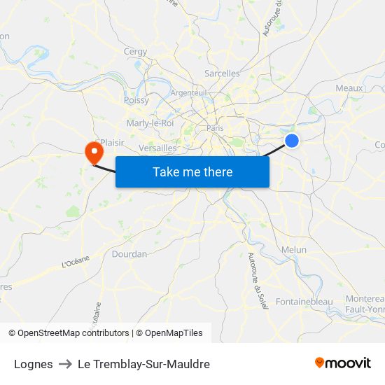 Lognes to Le Tremblay-Sur-Mauldre map