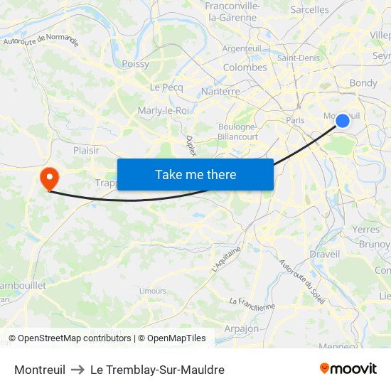 Montreuil to Le Tremblay-Sur-Mauldre map