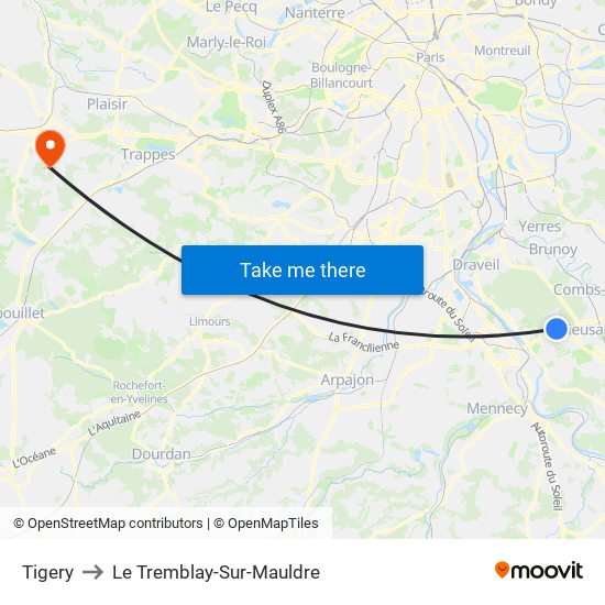 Tigery to Le Tremblay-Sur-Mauldre map