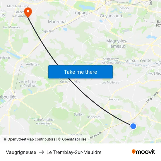 Vaugrigneuse to Le Tremblay-Sur-Mauldre map