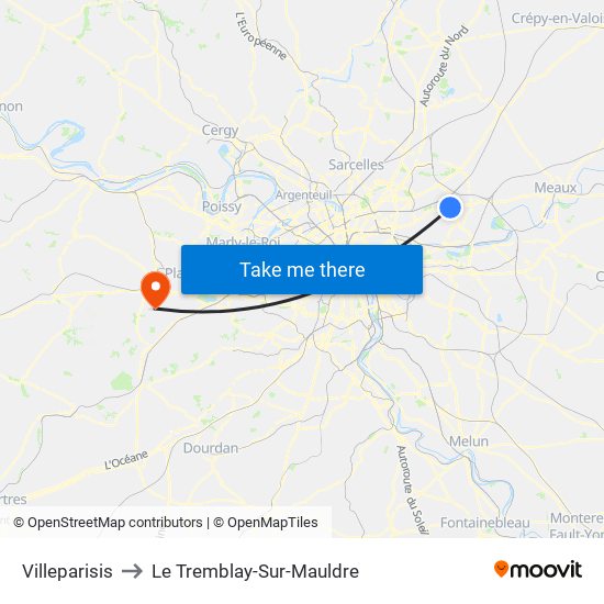 Villeparisis to Le Tremblay-Sur-Mauldre map