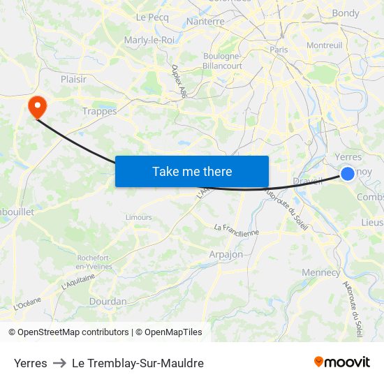 Yerres to Le Tremblay-Sur-Mauldre map