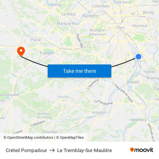 Créteil Pompadour to Le Tremblay-Sur-Mauldre map