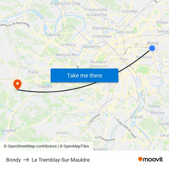 Bondy to Le Tremblay-Sur-Mauldre map