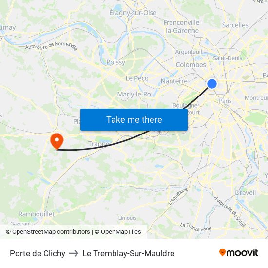 Porte de Clichy to Le Tremblay-Sur-Mauldre map