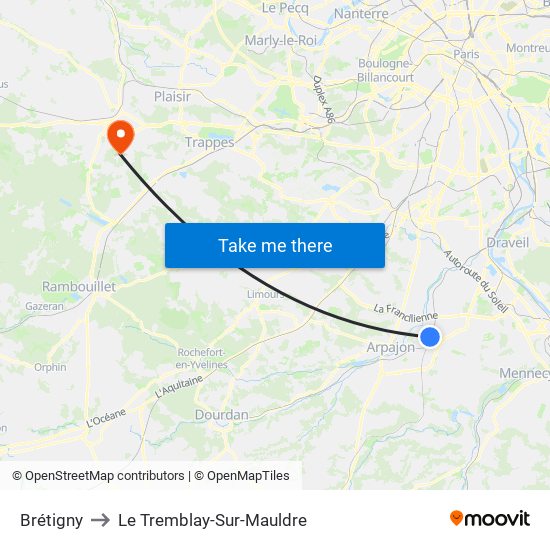 Brétigny to Le Tremblay-Sur-Mauldre map