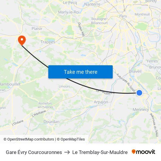 Gare Évry Courcouronnes to Le Tremblay-Sur-Mauldre map
