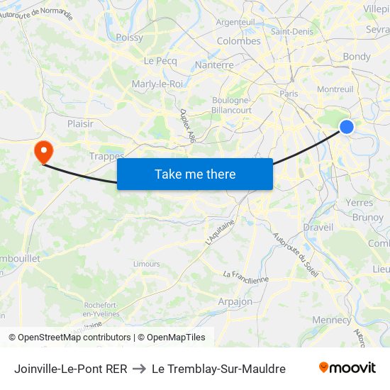 Joinville-Le-Pont RER to Le Tremblay-Sur-Mauldre map