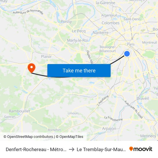 Denfert-Rochereau - Métro-Rer to Le Tremblay-Sur-Mauldre map