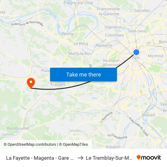 La Fayette - Magenta - Gare du Nord to Le Tremblay-Sur-Mauldre map