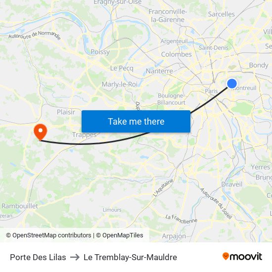 Porte Des Lilas to Le Tremblay-Sur-Mauldre map
