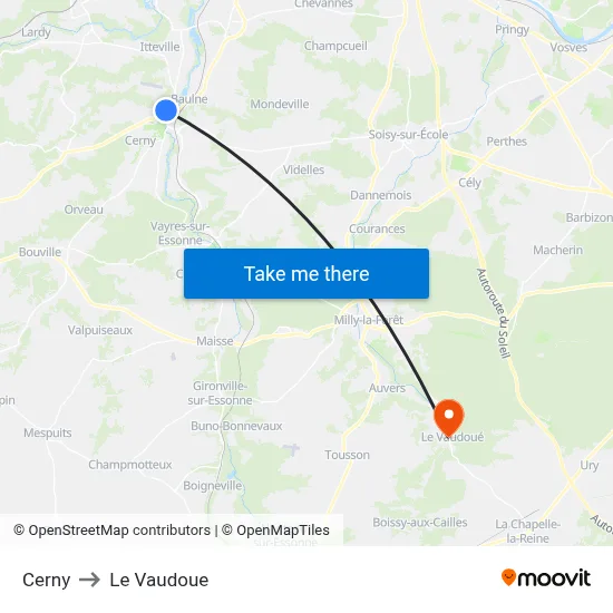 Cerny to Le Vaudoue map