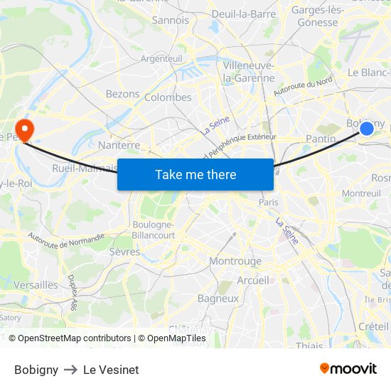 Bobigny to Le Vesinet map