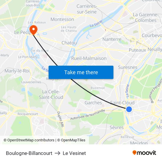 Boulogne-Billancourt to Le Vesinet map