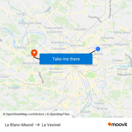 Le Blanc-Mesnil to Le Vesinet map