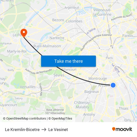 Le Kremlin-Bicetre to Le Vesinet map