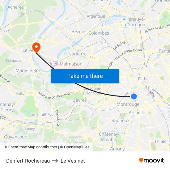 Denfert-Rochereau to Le Vesinet map