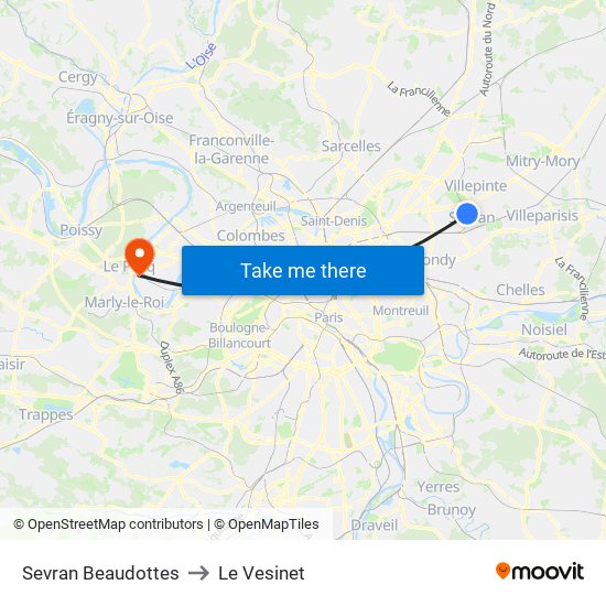 Sevran Beaudottes to Le Vesinet map