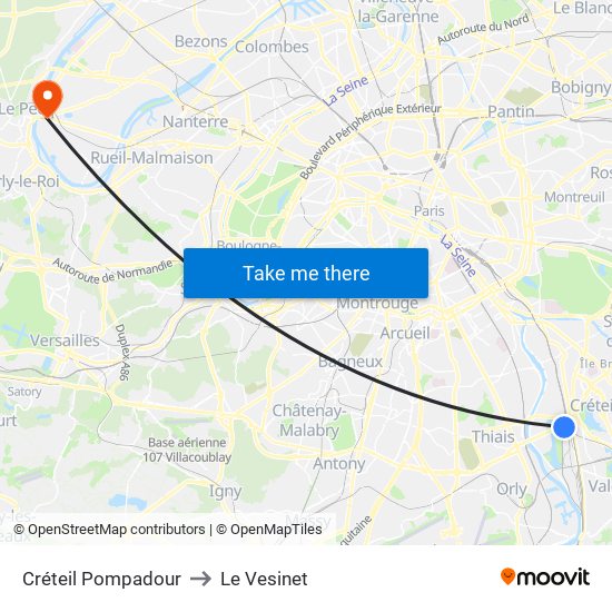 Créteil Pompadour to Le Vesinet map