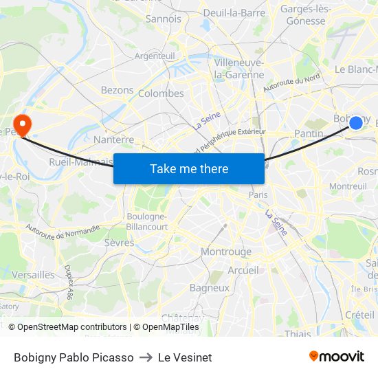 Bobigny Pablo Picasso to Le Vesinet map