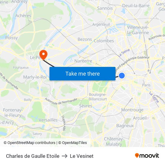 Charles de Gaulle Etoile to Le Vesinet map