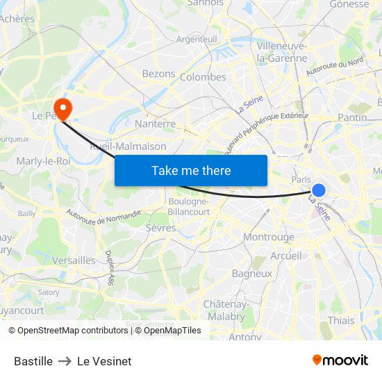 Bastille to Le Vesinet map