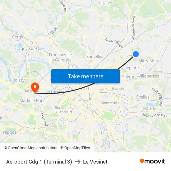 Aéroport Cdg 1 (Terminal 3) to Le Vesinet map