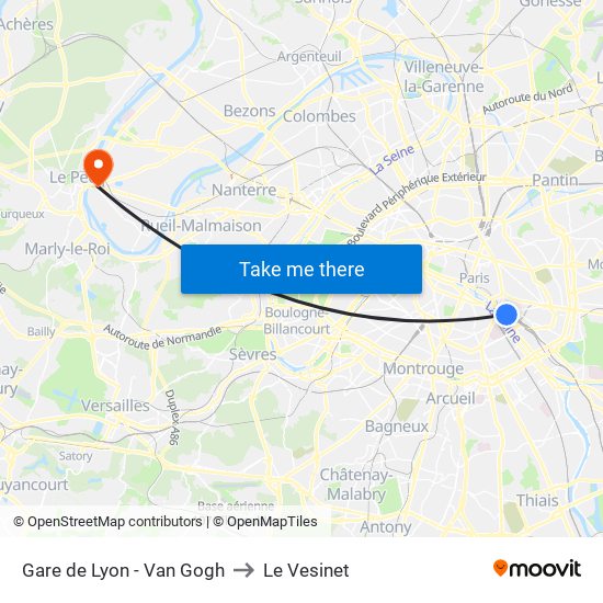 Gare de Lyon - Van Gogh to Le Vesinet map