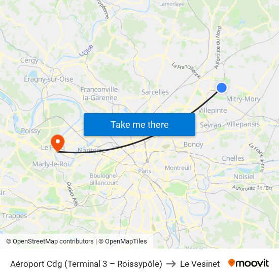 Aéroport Cdg (Terminal 3 – Roissypôle) to Le Vesinet map