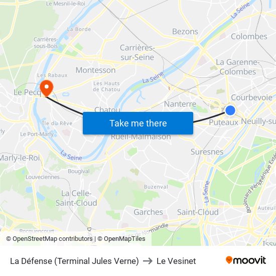 La Défense (Terminal Jules Verne) to Le Vesinet map