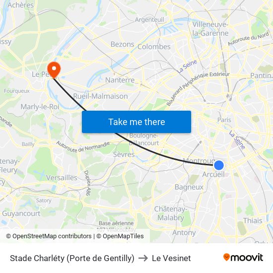 Stade Charléty (Porte de Gentilly) to Le Vesinet map