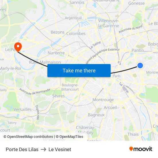 Porte Des Lilas to Le Vesinet map