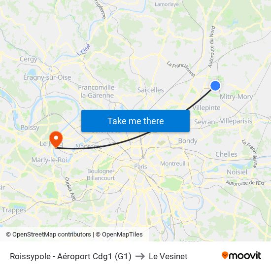 Roissypole - Aéroport Cdg1 (G1) to Le Vesinet map