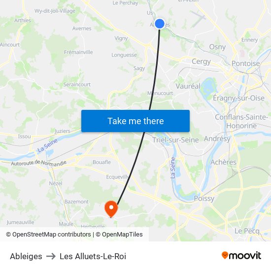 Ableiges to Les Alluets-Le-Roi map