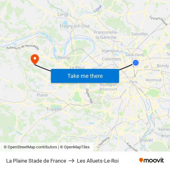 La Plaine Stade de France to Les Alluets-Le-Roi map