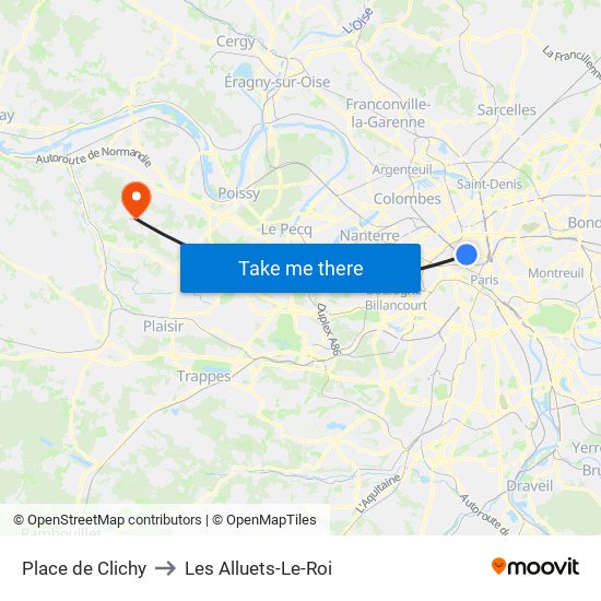 Place de Clichy to Les Alluets-Le-Roi map