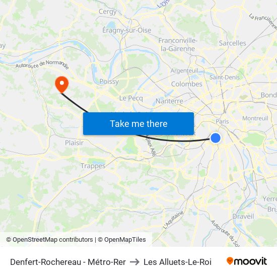 Denfert-Rochereau - Métro-Rer to Les Alluets-Le-Roi map