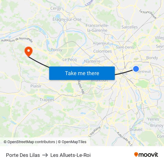 Porte Des Lilas to Les Alluets-Le-Roi map