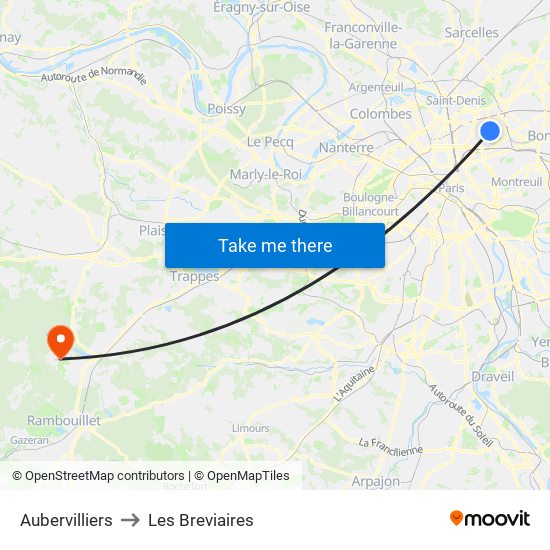 Aubervilliers to Les Breviaires map
