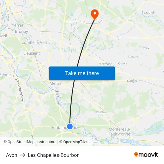 Avon to Les Chapelles-Bourbon map