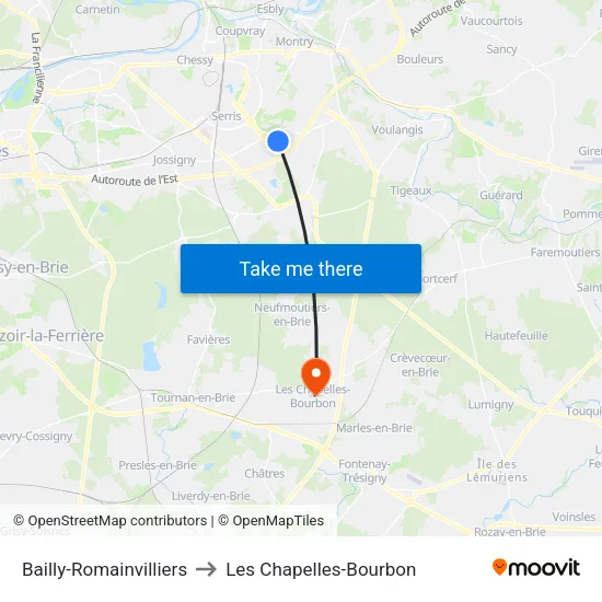 Bailly-Romainvilliers to Les Chapelles-Bourbon map