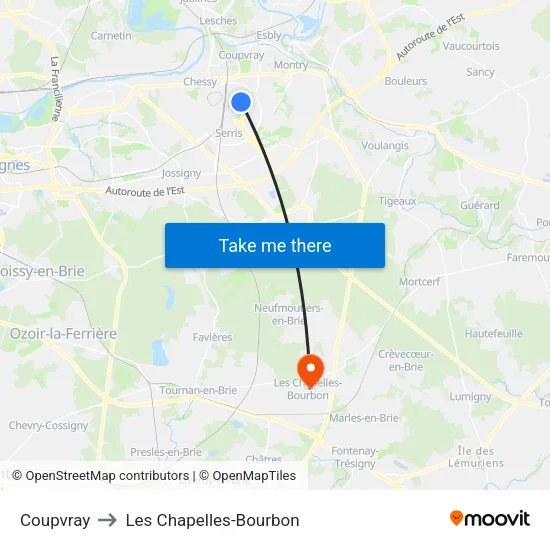 Coupvray to Les Chapelles-Bourbon map