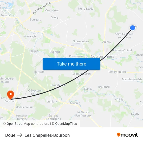 Doue to Les Chapelles-Bourbon map