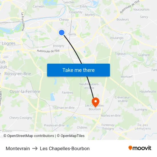 Montevrain to Les Chapelles-Bourbon map