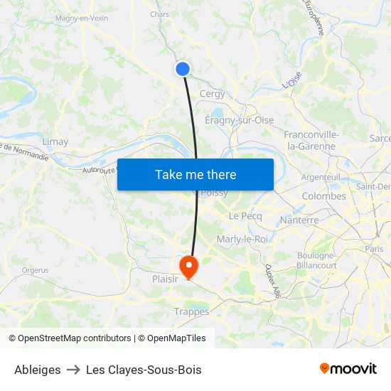 Ableiges to Les Clayes-Sous-Bois map