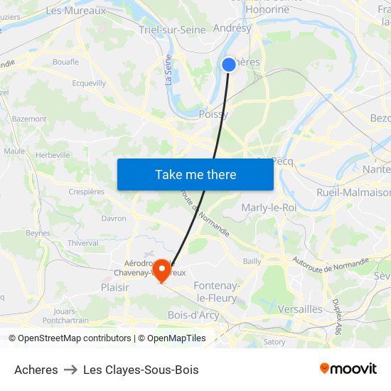 Acheres to Les Clayes-Sous-Bois map